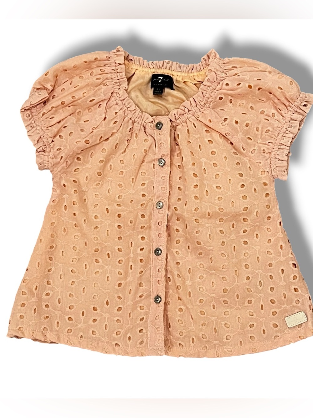 7 For All Mankind Girls Light Pink Short Puff Sleeve Eyelet Button Up Top 4T D-8